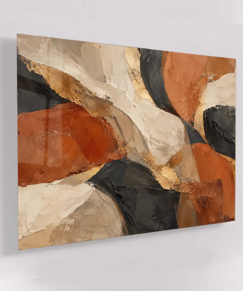 Abstract glasschilderij terracotta – Aarde in Balans op acrylglas, liggend weergegeven aan de muur