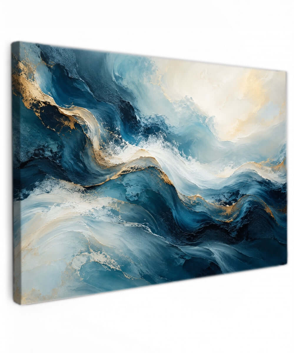 Abstract canvas schilderij met golvende vormen in petrol, diepblauw, ivoor en goudtinten