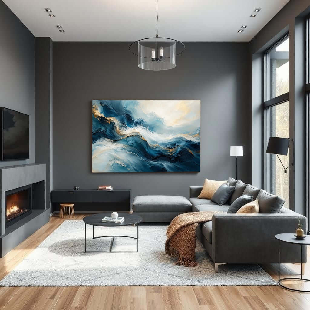Abstract canvas schilderij Blauwe Harmonie in modern interieur met vloeiende blauw en gouden kleuren.
