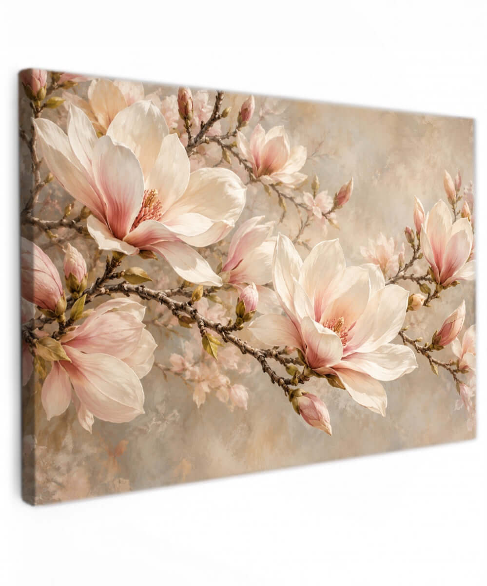 Canvas schilderij met zachtroze en ivoorkleurige magnoliabloemen op een beige achtergrond