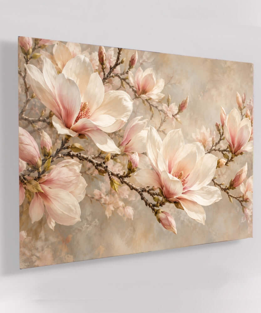 Glasschilderij roze magnolia – Bloesemlicht op acrylglas, liggend weergegeven aan de muur