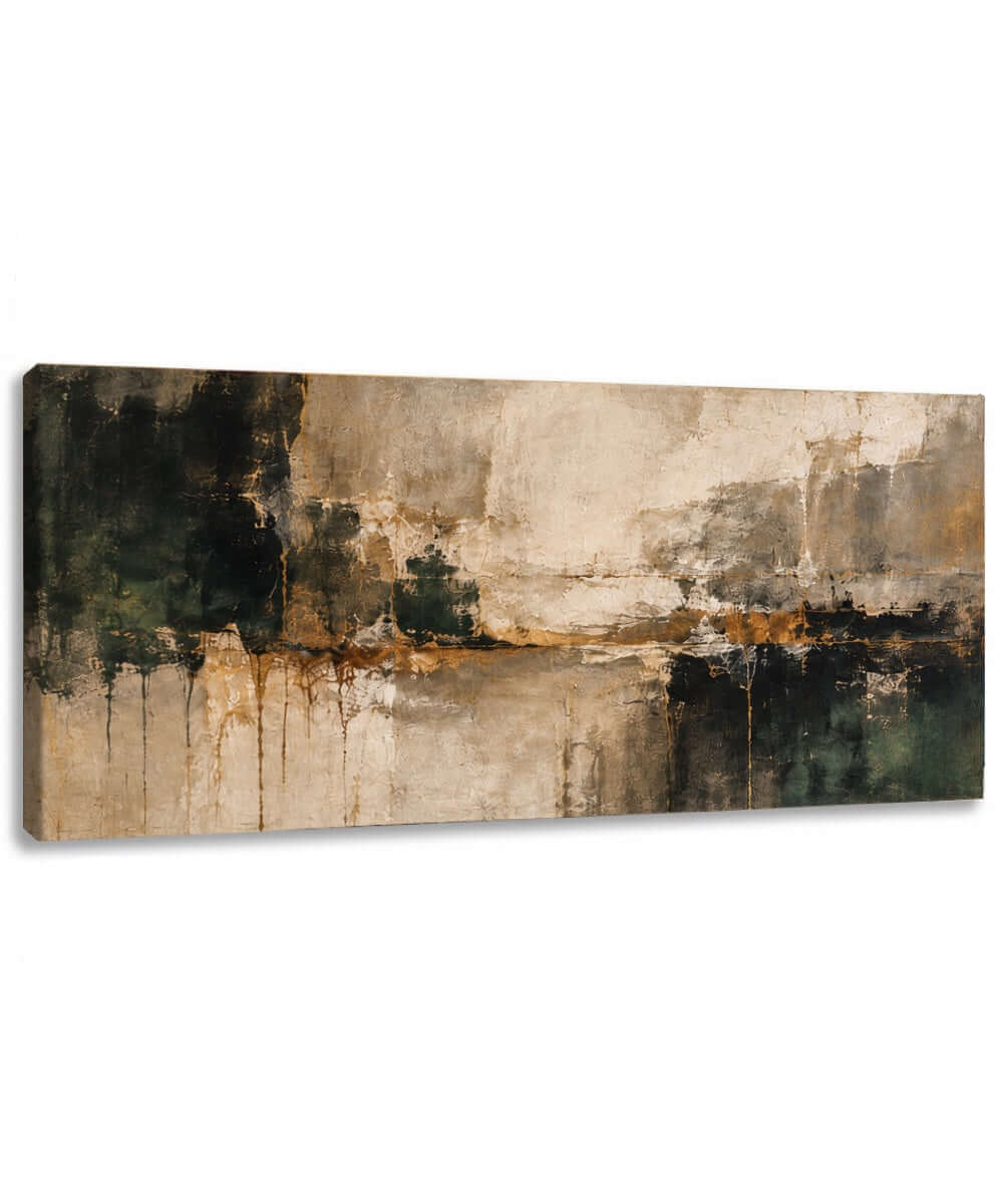 Liggend abstract canvas schilderij met beige en donkergroene kleurvlakken, grijze accenten en okerkleurige lijnen