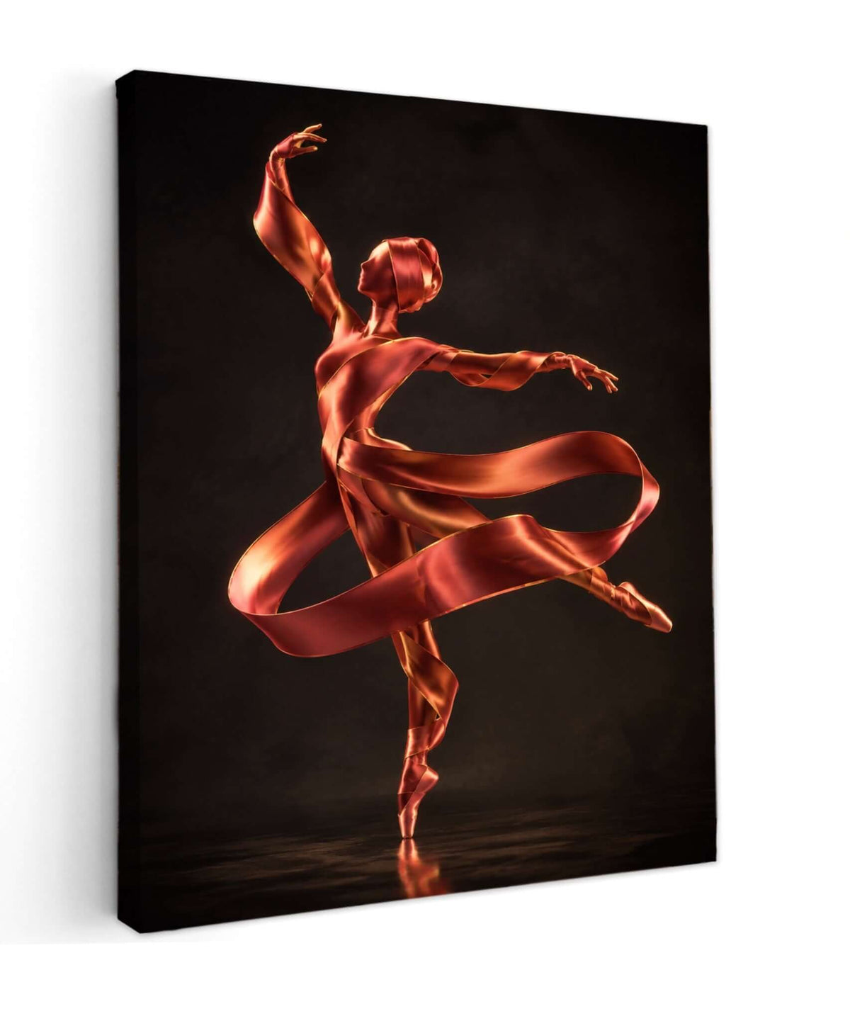 Canvas schilderij van een ballerina met zwierende rode stof en koperkleurig licht tegen een donkere achtergrond