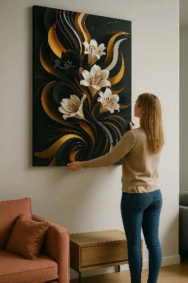 Black Gold Elegance canvas schilderij met zwarte en gouden bloemen als wanddecoratie
