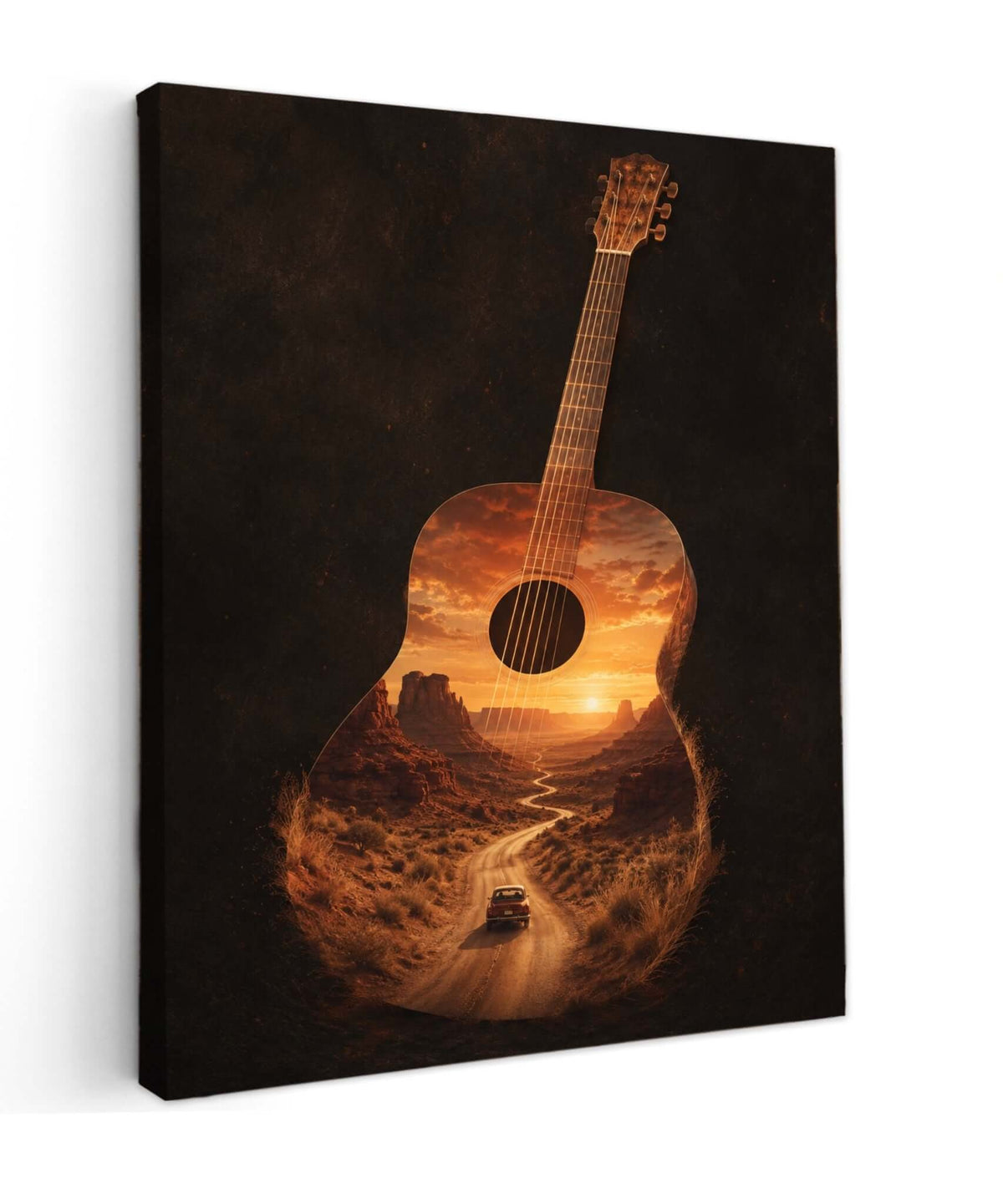 Canvas schilderij van een akoestische gitaar met een gouden zonsondergang en kronkelend pad in de klankkast