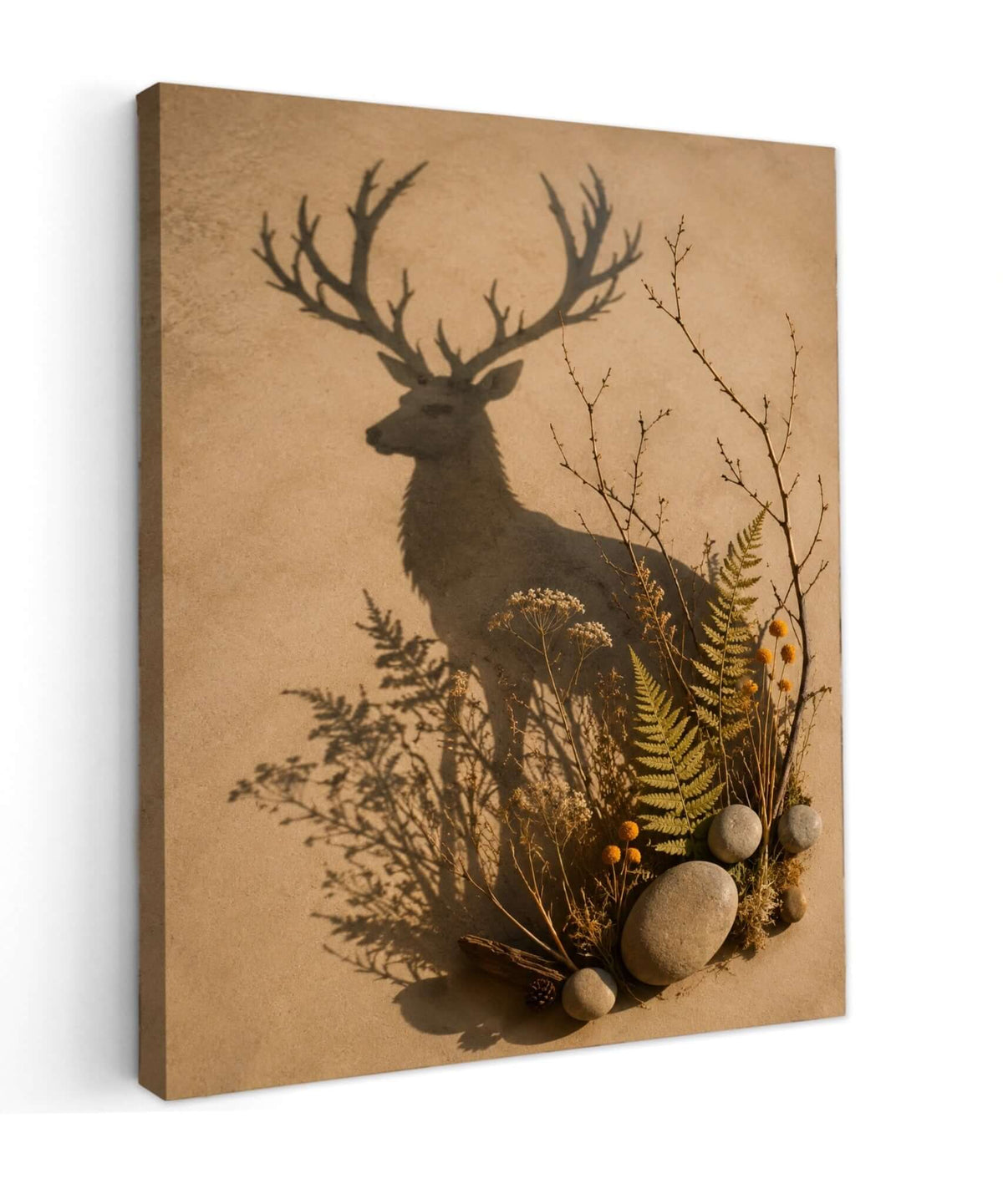 Canvas schilderij van een donker hert met gewei tussen varens en takken op een zandkleurige achtergrond