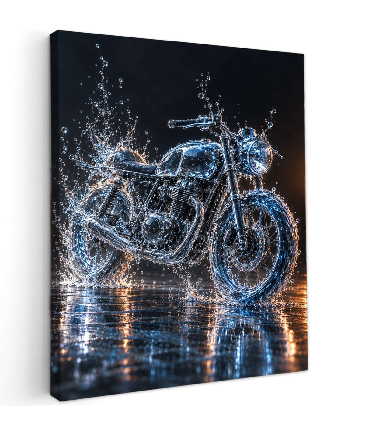 Canvas schilderij van een motorfiets gevormd door blauwe waterspetters met een reflectie op een donkere ondergrond