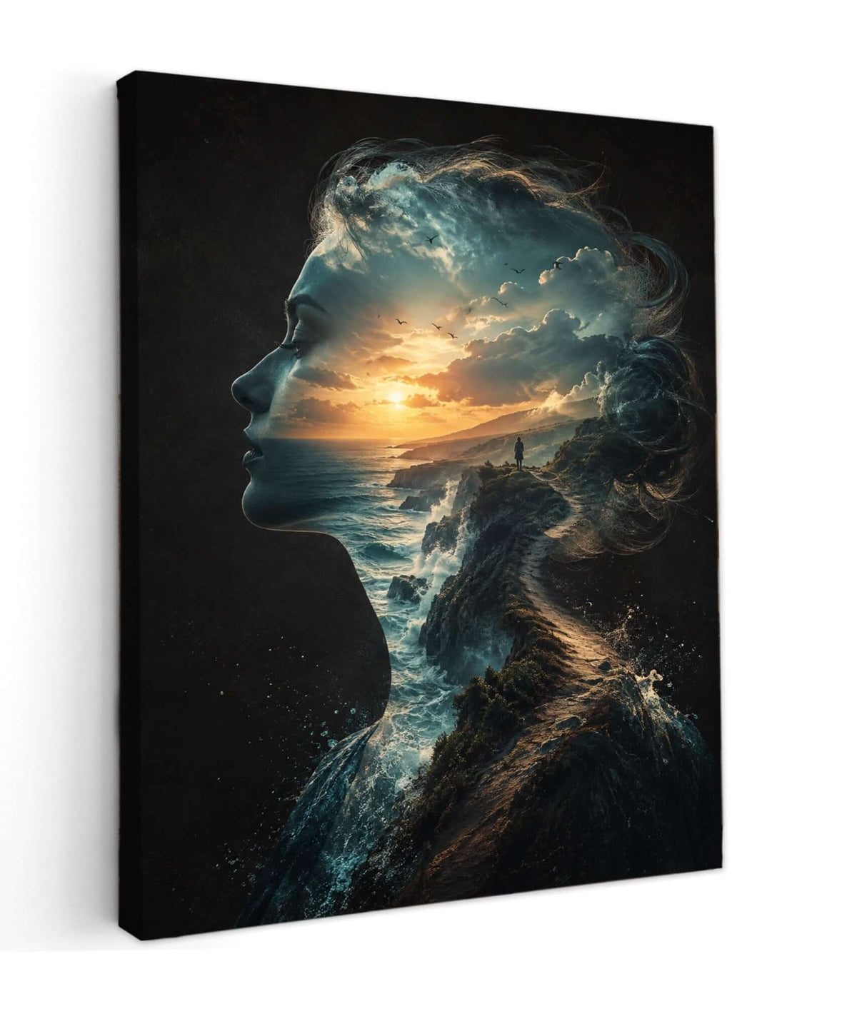 Canvas schilderij van een vrouw in profiel met een kustlandschap, zee en gouden zonsondergang binnen haar silhouet