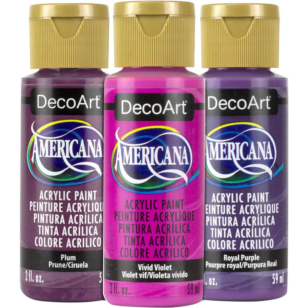 Purple Cow Americana Acrylic Paint by DecoArt in Plum, Vivid Violet, and Royal Purple, 59 ml bottles.