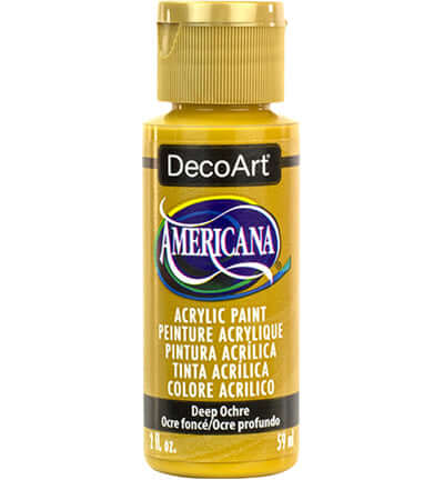 Deep Ochre Americana acrylic paint bottle from DecoArt, 59 ml, matte finish, non-toxic and vibrant.