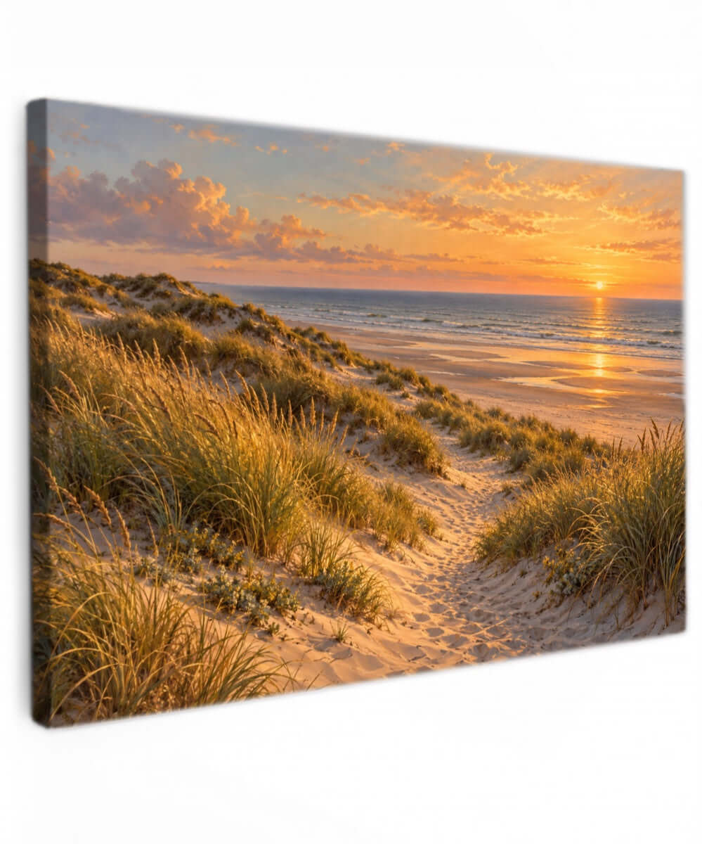Canvas schilderij van een duinpad met helmgras, strand en zee bij gouden zonsondergang