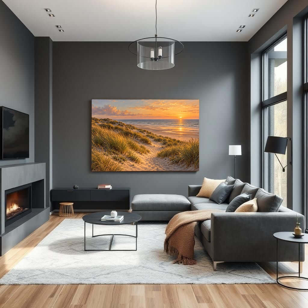 Canvas schilderij Duinen in Avondgoud boven bank in moderne woonkamer met zeezicht.