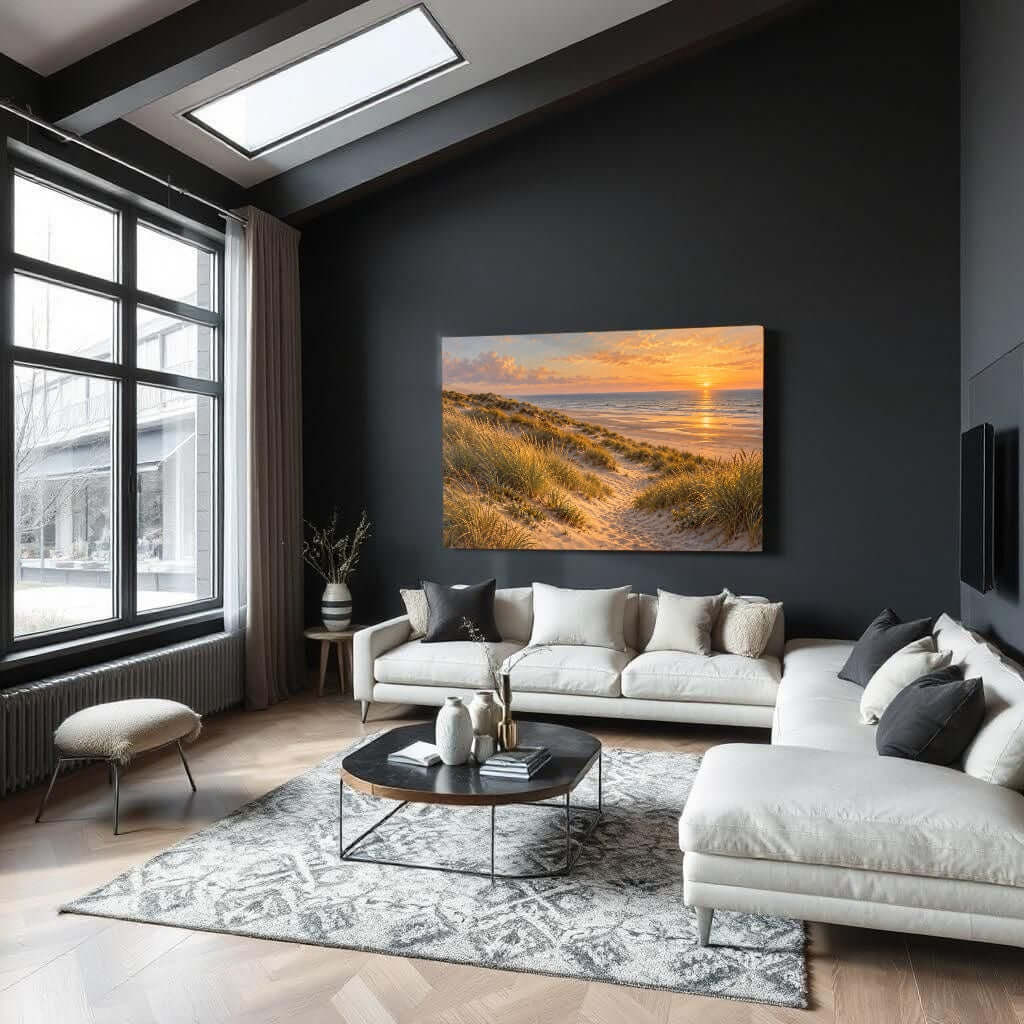 Glasschilderij zee en duinen met gouden zonsondergang in moderne woonkamer.