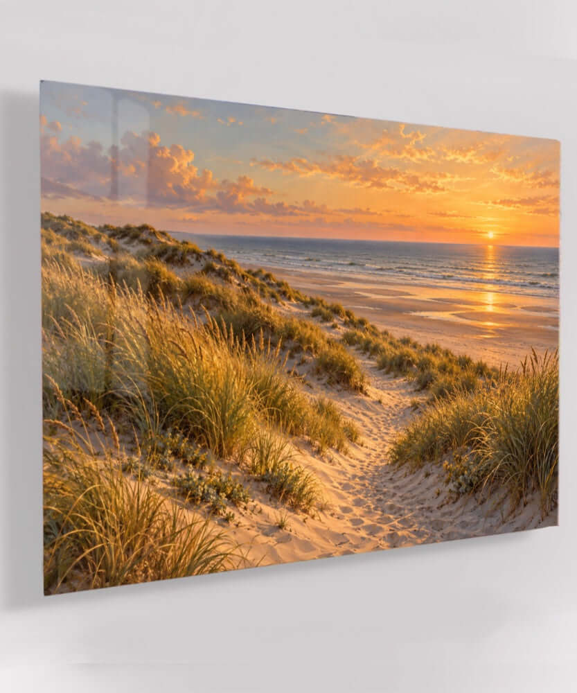 Glasschilderij zee en duinen – Duinen in Avondgoud op acrylglas, liggend weergegeven aan de muur