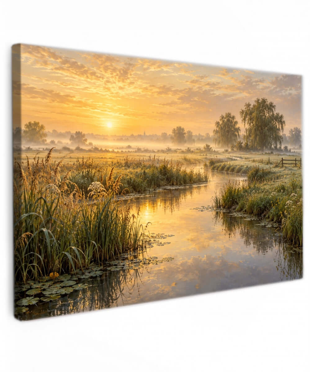 Canvas schilderij met gouden ochtendzon boven een weiland en een rustige beek