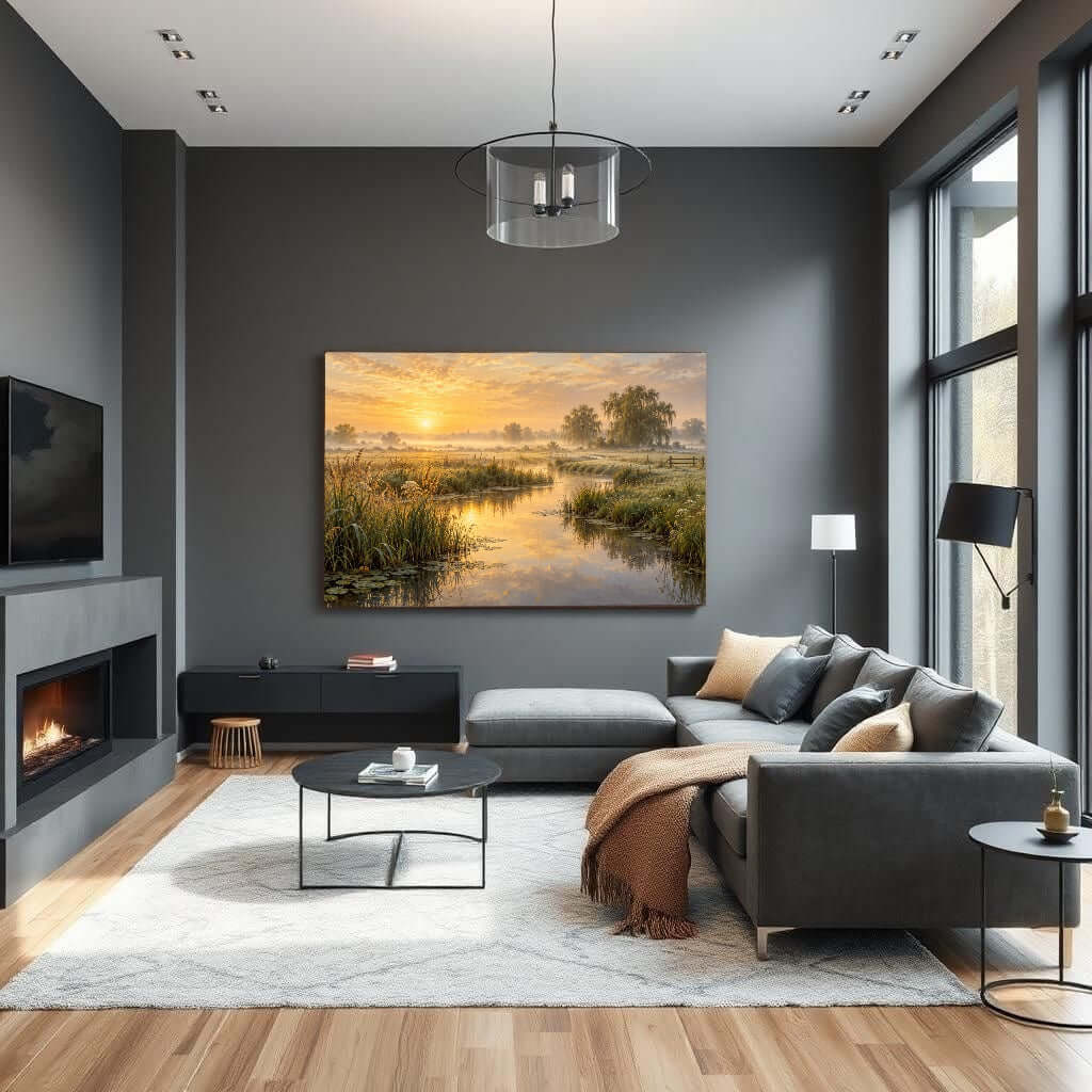 Gouden Stilte canvas schilderij in modern interieur met ochtendzon boven rustig water en weilanden.