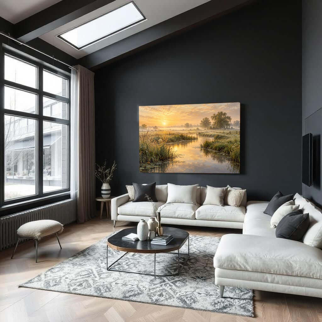 Glasschilderij landschap met ochtendzon – Gouden Stilte in modern interieur met lichte kleuren.