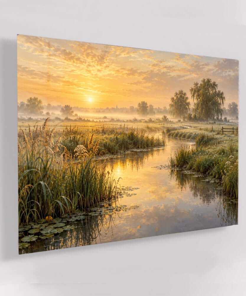 Glasschilderij landschap met ochtendzon – Gouden Stilte op acrylglas, liggend weergegeven aan de muur