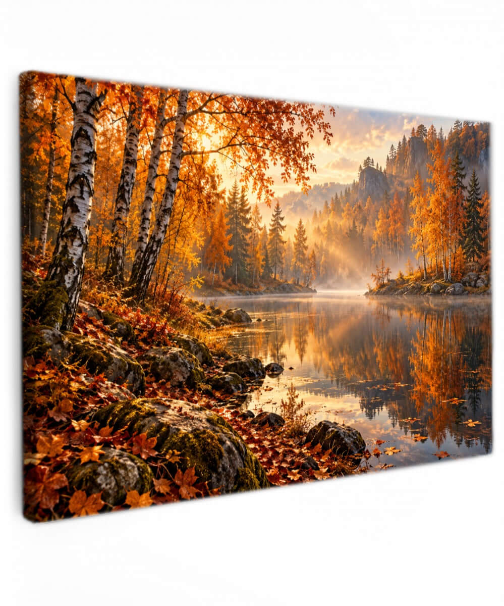 Canvas schilderij met herfstbos, berken en gouden zonlicht weerspiegeld in een meer