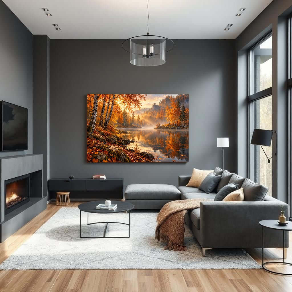 Herfst aan het Water canvas schilderij in een moderne woonkamer met herfstlandschap en stil meer.