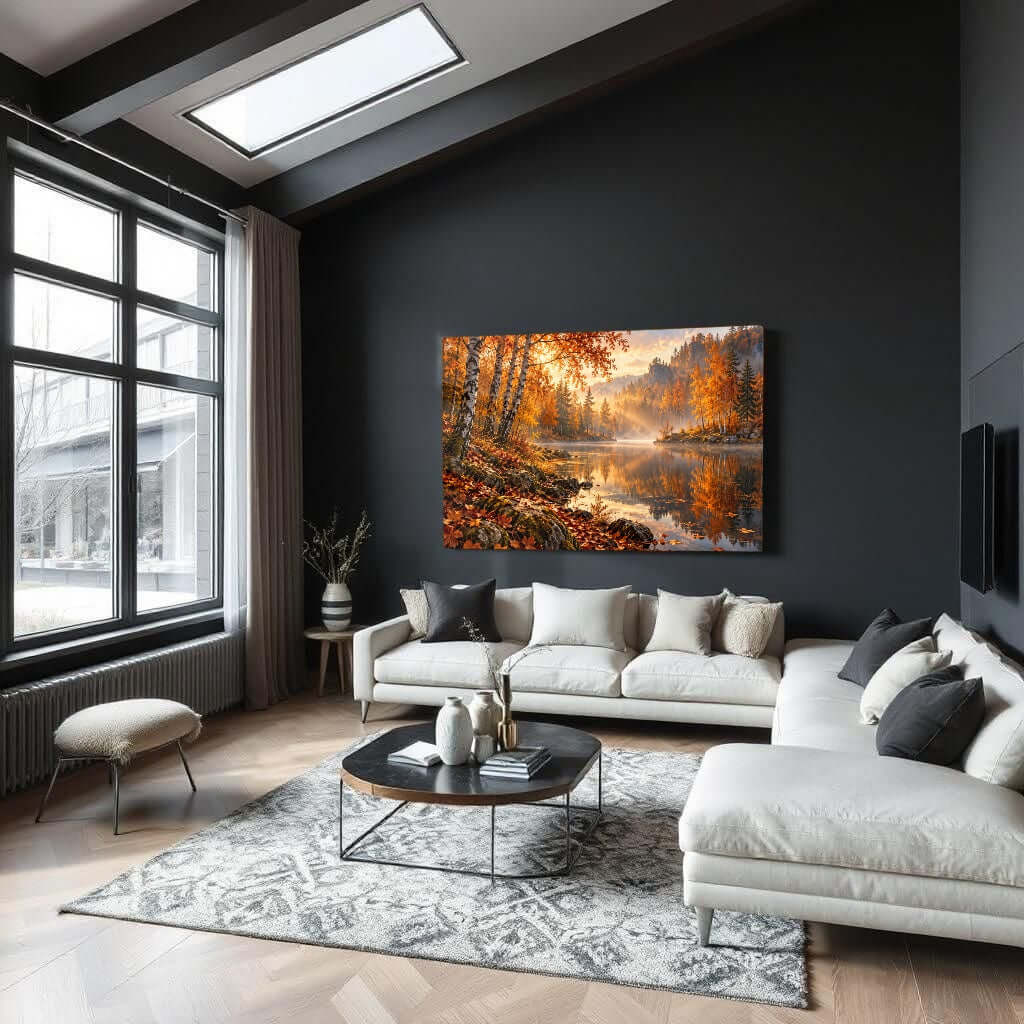Glasschilderij herfstbos in een moderne woonkamer met herfstkleuren en een rustige waterview.