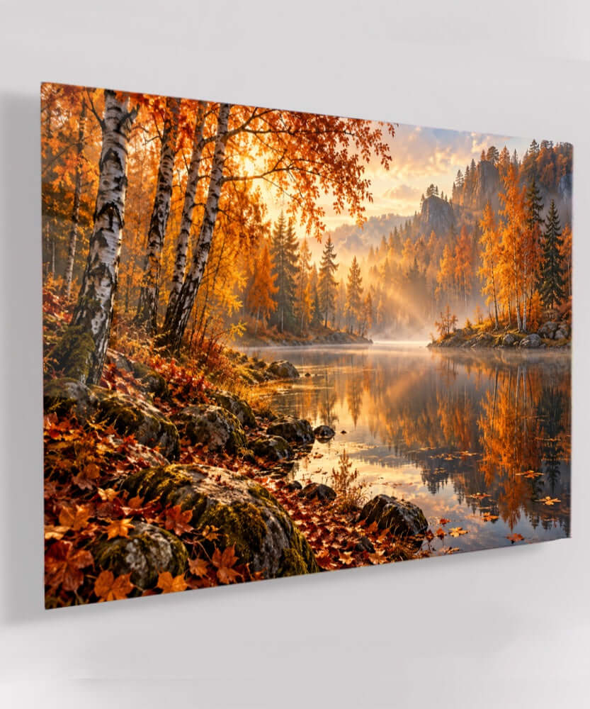 Glasschilderij herfstbos – Herfst aan het Water op acrylglas, liggend weergegeven aan de muur