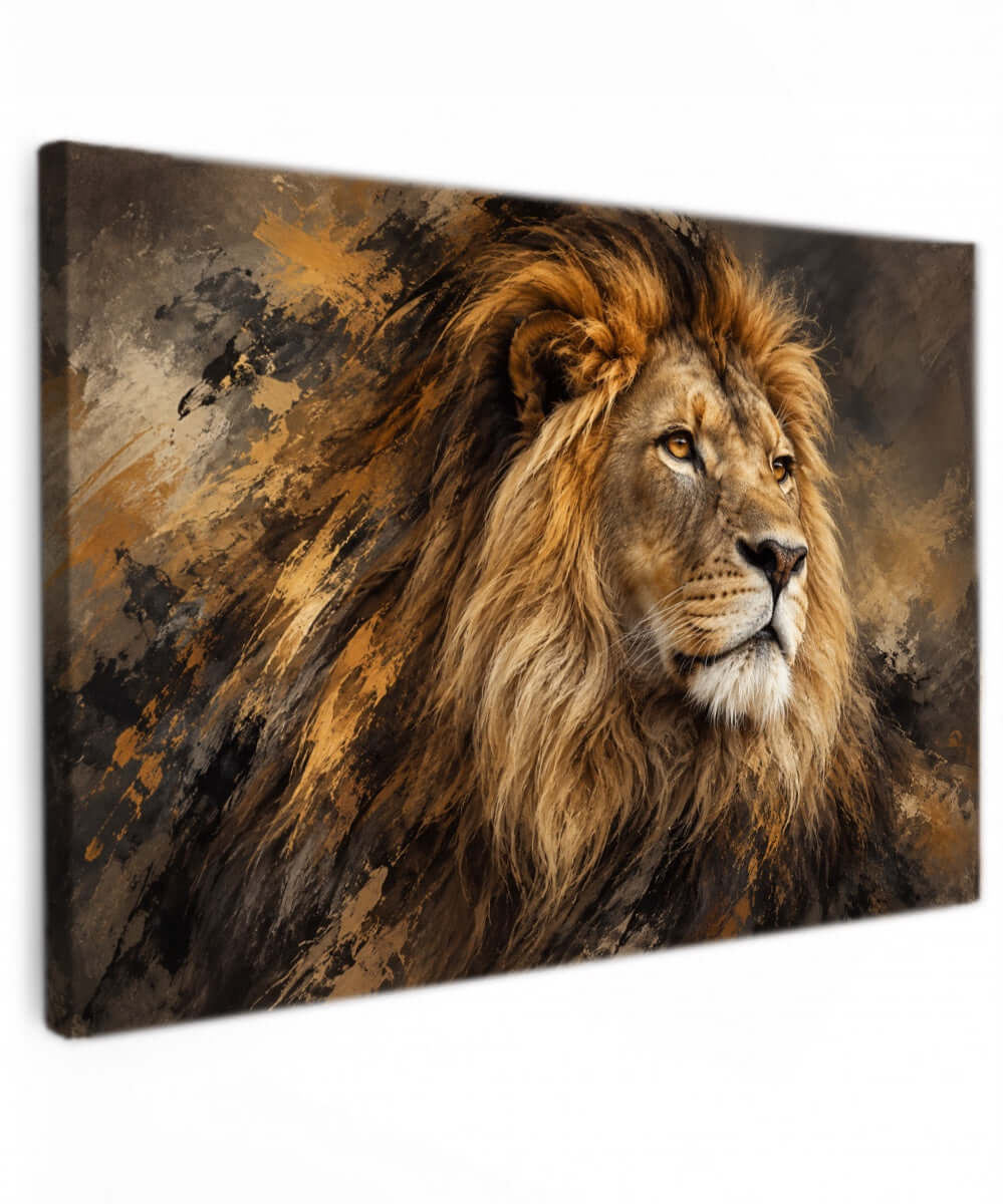 Canvas schilderij van een leeuw met gouden manen tegen een donkere schilderachtige achtergrond