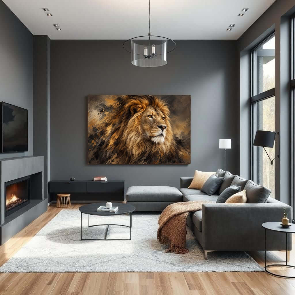 Kracht in Stilte – Leeuw canvas schilderij in goudtinten boven de bank in modern interieur.