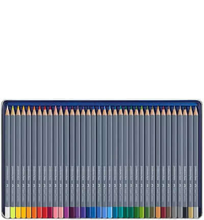 Faber Castell Goldfaber aquarelpotloden in een metalen doos met diverse kleuren.