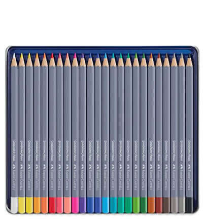 Faber Castell Goldfaber aqua aquarelpotloden in een metalen doos, perfect voor artistieke projecten.