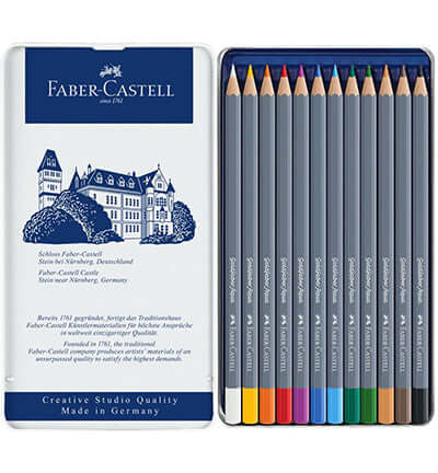 Faber Castell Goldfaber aquarelpotloden in blik, hoogwaardige kunstmaterialen voor creatieve projecten.