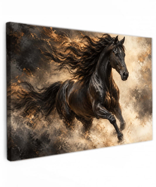 Canvas schilderij van een zwart paard met wapperende manen en een warme schilderachtige achtergrond