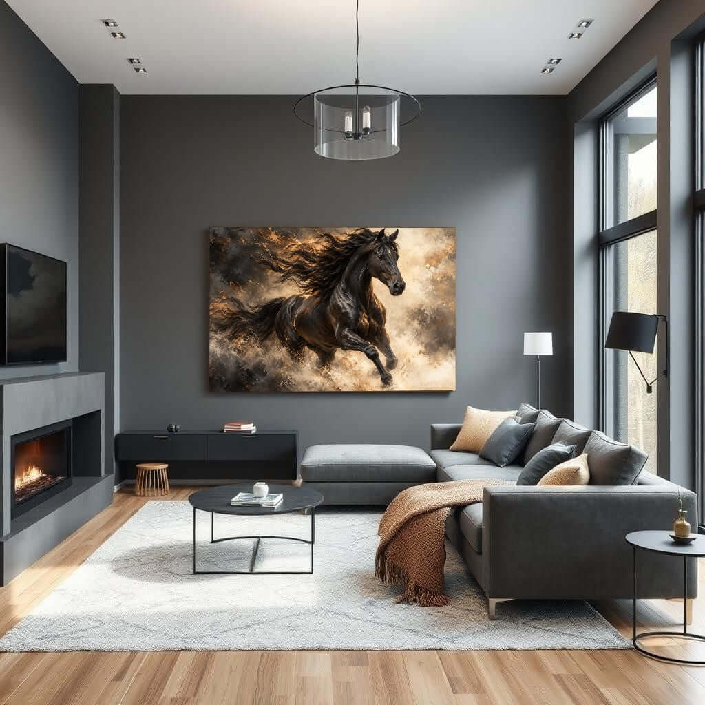 Canvas schilderij zwart paard in moderne woonkamer met elegant interieur en sfeervolle verlichting.