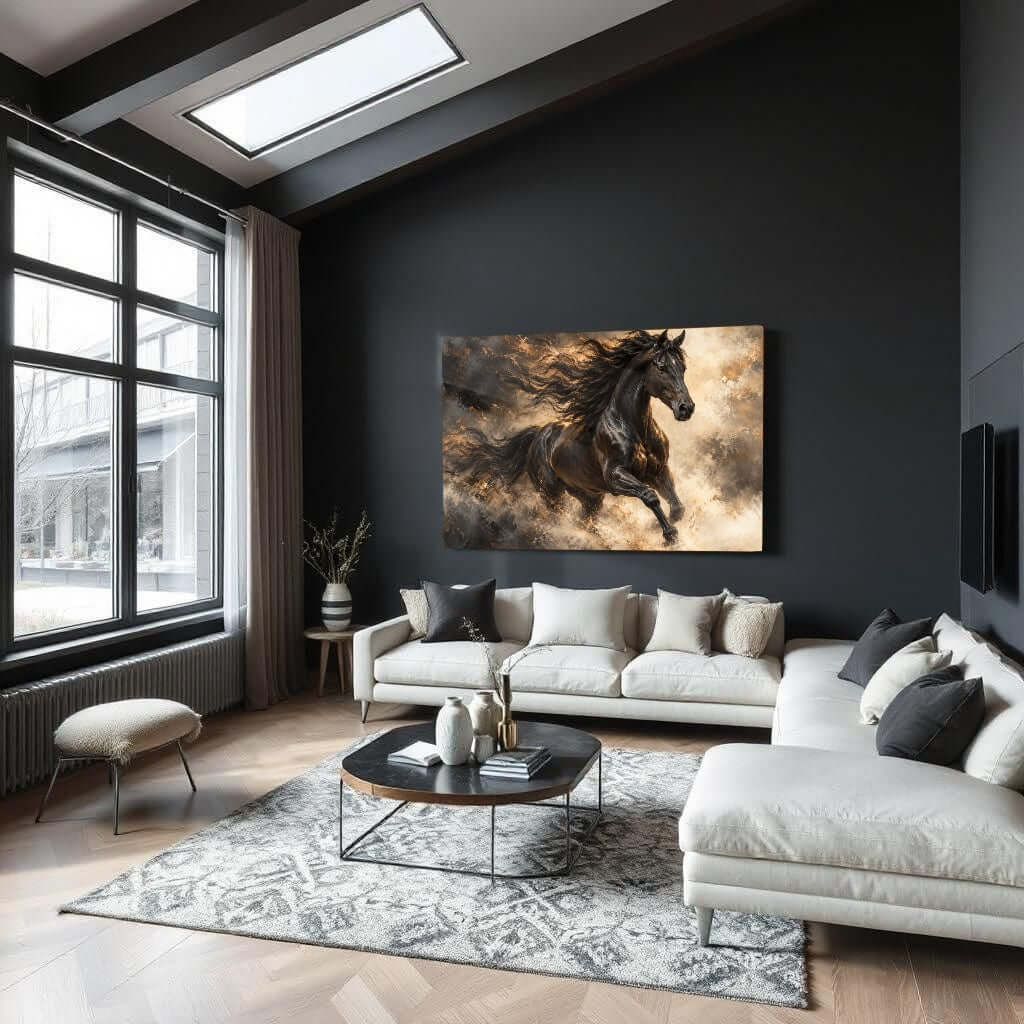 Glasschilderij zwart paard – Vrije Geest in een moderne woonkamer met donkere accenten.