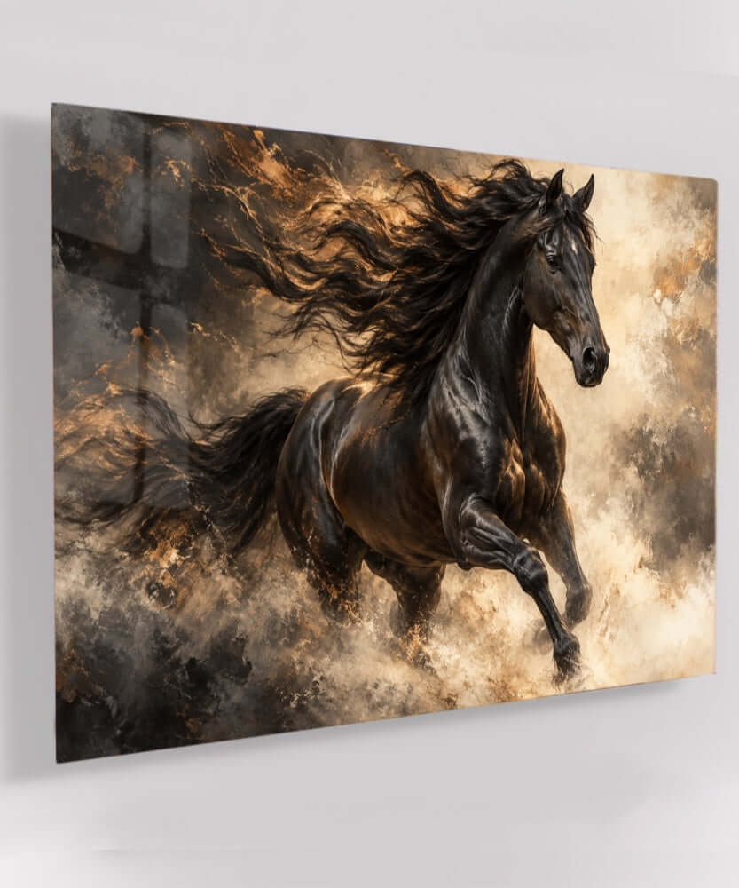Glasschilderij zwart paard – Vrije Geest op acrylglas, liggend weergegeven aan de muur